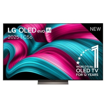 Front view of LG OLED evo AI C5 4K Smart TV. 12 Years of world number 1 OLED emblem and LG OLED evo AI 2025 logo are on the screen.