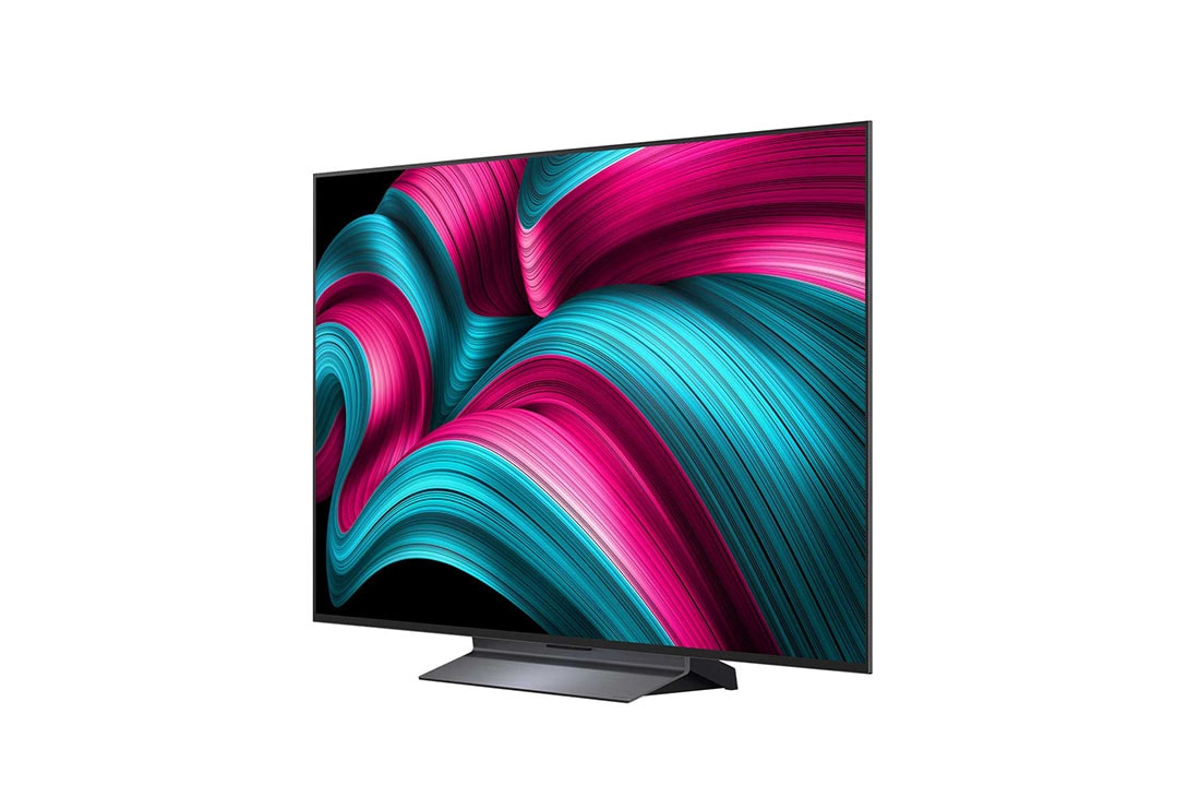 LG Smart TV LG OLED evo AI 4K C5 2025 77 pouces, Vue avant et latérale de la Smart TV LG OLED evo AI C55 4K montrant ses dimensions de longueur, largeur, hauteur et profondeur., OLED77C55LA, thumbnail 4