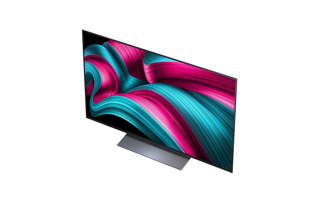 LG Smart TV LG OLED evo AI 4K C5 2025 48 pouces, Feu de camp la nuit en plein milieu de la nature. Au loin se trouve une forêt et un lac. Le ciel nocturne est rempli d’étoiles. Toute la scène est divisée en deux. Un côté est plus sombre et plus tern, OLED48C55LA, thumbnail 6