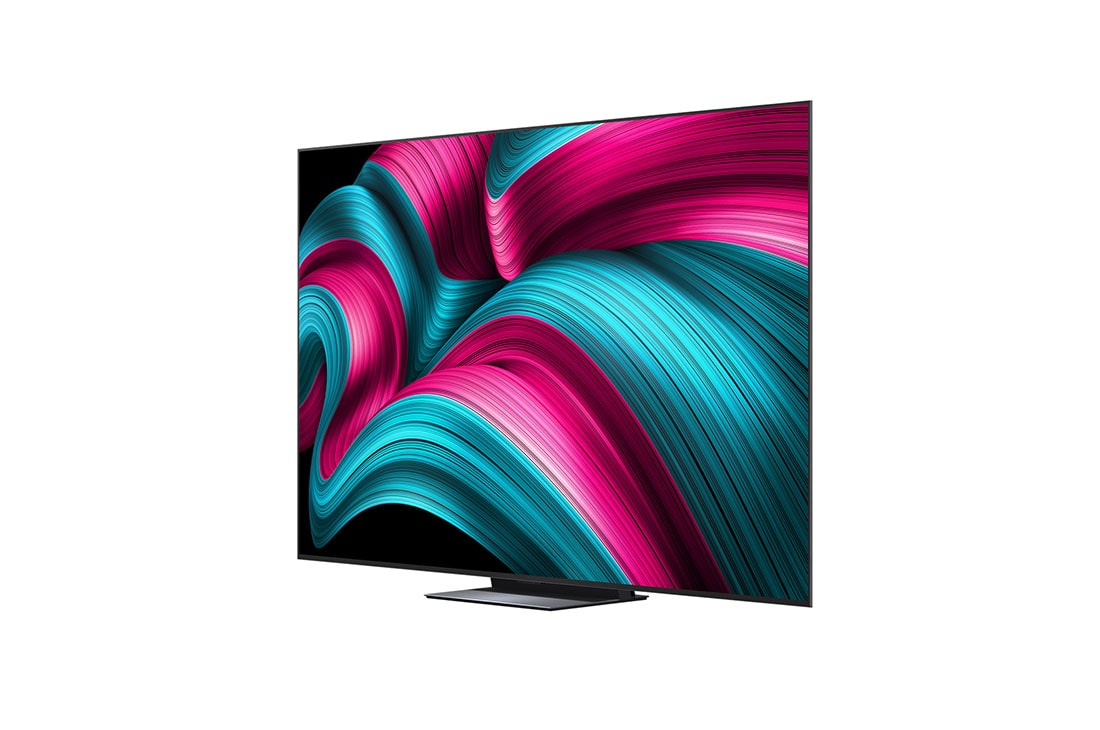 LG Smart TV LG OLED evo AI 4K C5 2025 83 pouces, Vue avant et latérale de la Smart TV LG OLED evo AI C56 4K montrant ses dimensions de longueur, largeur, hauteur et profondeur., OLED83C56LA, thumbnail 4