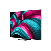 LG Smart TV LG OLED evo AI 4K C5 2025 83 pouces, Vue avant et latérale de la Smart TV LG OLED evo AI C56 4K montrant ses dimensions de longueur, largeur, hauteur et profondeur., OLED83C56LA, thumbnail 4
