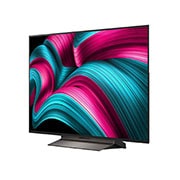 LG Smart TV LG OLED evo AI 4K C5 2025 48 pouces, Vue avant et latérale de la Smart TV LG OLED evo AI C55 4K montrant ses dimensions de longueur, largeur, hauteur et profondeur., OLED48C56LB, thumbnail 4