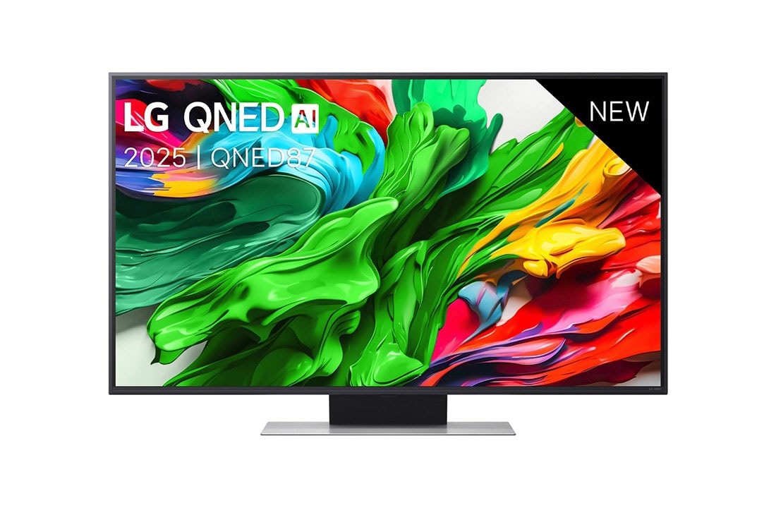 LG Smart TV LG QNED AI QNED87 4K 2025 50 pouces, Vue avant de la TV LG QNED evo QNED92, logo LG QNED evo Al, dans le coin supérieur. La TV LG QNED evo QNED92 représente des textures colorées semblables à de la peinture, réunies., 50QNED87A6D