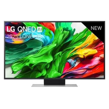 Vue avant de la TV LG QNED evo QNED86, logo LG QNED evo Al, dans le coin supérieur. La TV LG QNED evo QNED85 représente des textures colorées semblables à de la peinture, réunies.1
