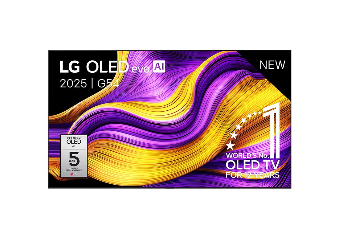 LG Smart TV LG OLED evo AI 4K G5 2025 97 pouces, Vue avant de la Smart TV LG OLED evo AI G5 4K. L’emblème OLED numéro 1 dans le monde pendant 12 ans et le logo LG OLED evo AI 2025 sont à l’écran., OLED97G54LW