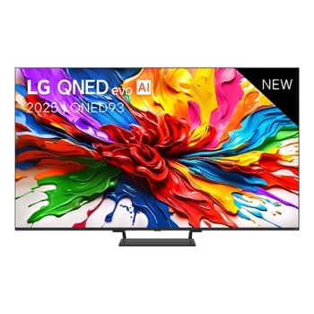 Vue avant de la TV LG QNED evo QNED92, logo LG QNED evo Al, dans le coin supérieur. La TV LG QNED evo QNED92 représente des textures colorées semblables à de la peinture, réunies.