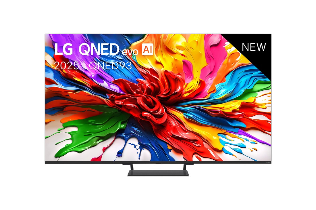 LG Smart TV LG QNED evo AI QNED93 MiniLED 4K 2025 65 pouces, Vue avant de la TV LG QNED evo QNED92, logo LG QNED evo Al, dans le coin supérieur. La TV LG QNED evo QNED92 représente des textures colorées semblables à de la peinture, réunies., 65QNED93A6A