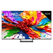 LG Smart TV LG QNED evo AI QNED93 MiniLED 4K 2025 65 pouces, Vue avant de la TV LG QNED evo QNED92, logo LG QNED evo Al, dans le coin supérieur. La TV LG QNED evo QNED92 représente des textures colorées semblables à de la peinture, réunies., 65QNED93A6A, thumbnail 1