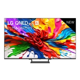 Vue avant de la TV LG QNED evo QNED92, logo LG QNED evo Al, dans le coin supérieur. La TV LG QNED evo QNED92 représente des textures colorées semblables à de la peinture, réunies.