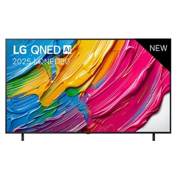 Vue avant de la LG QNED8E TV, logo LG QNED Al, dans le coin supérieur. La LG QNED TV représente des textures colorées semblables à de la peinture, réunies.1