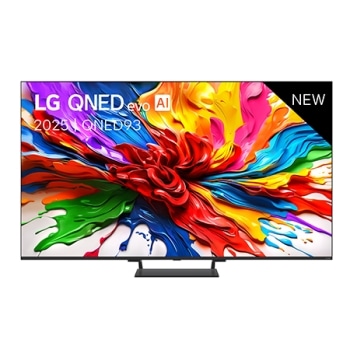 Vue avant de la TV LG QNED evo QNED92, logo LG QNED evo Al, dans le coin supérieur. La TV LG QNED evo QNED92 représente des textures colorées semblables à de la peinture, réunies.1