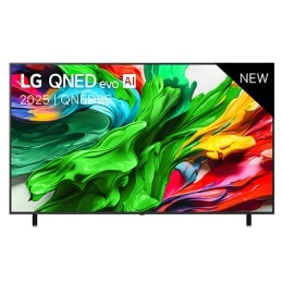 Vue avant de la TV LG QNED evo QNED85, logo LG QNED evo Al, dans le coin supérieur. La TV LG QNED evo QNED85 représente des textures colorées semblables à de la peinture, réunies.2