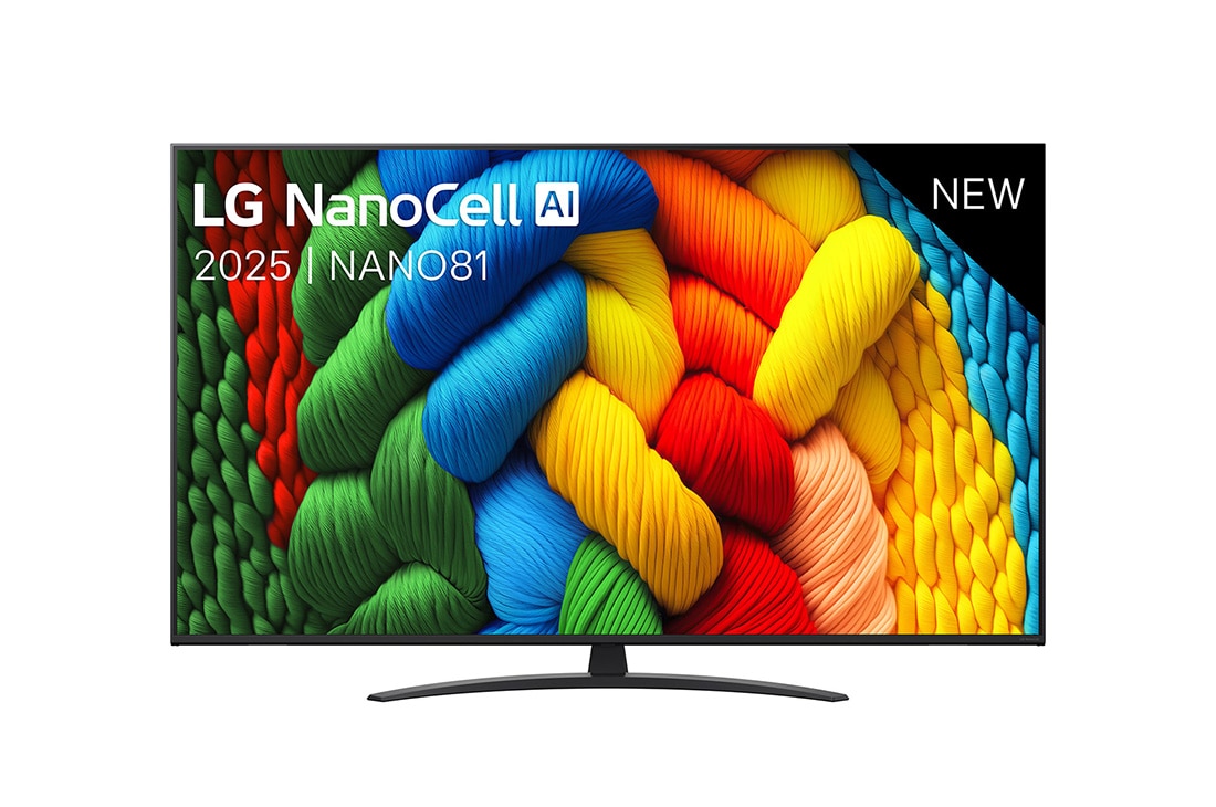 LG Smart TV LG NanoCell AI NANO81 2025 4K 65 pouces, Vue avant de la TV NanoCell, logo LG NanoCell Al dans le coin supérieur. La TV LG NanoCell NANO80 représente des textures colorées semblables à de la peinture, réunies., 65NANO81A6A