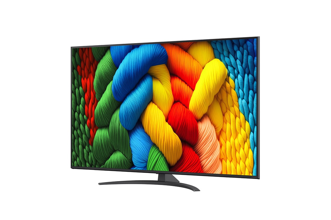 LG Smart TV LG NanoCell AI NANO81 2025 4K 65 pouces, Vue avant et latérale de la Smart TV LG NanoCell NANO80 AI 4K montrant ses dimensions de longueur, largeur, hauteur et profondeur., 65NANO81A6A, thumbnail 4