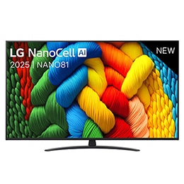 Vue avant de la TV NanoCell, logo LG NanoCell Al dans le coin supérieur. La TV LG NanoCell NANO81 représente des textures colorées semblables à de la peinture, réunies.2