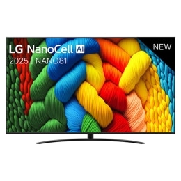 Vue avant de la TV NanoCell, logo LG NanoCell Al dans le coin supérieur. La TV LG NanoCell NANO80 représente des textures colorées semblables à de la peinture, réunies.2