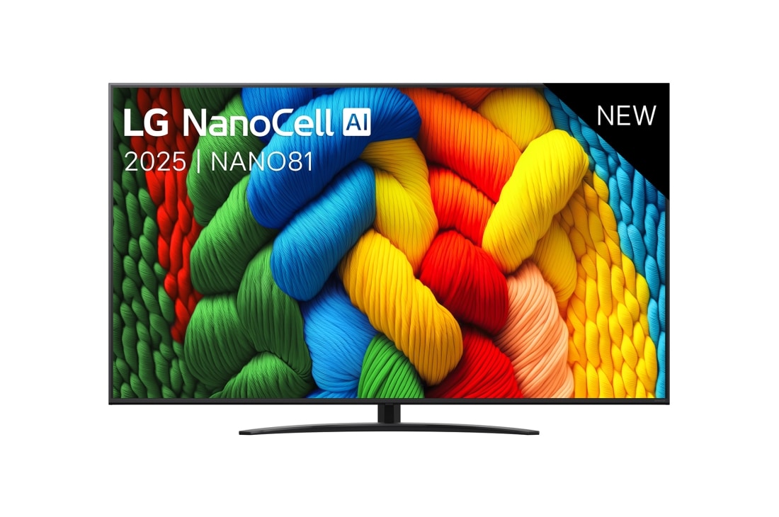 LG Smart TV LG NanoCell AI NANO81 2025 4K 75 pouces, Vue avant de la TV NanoCell, logo LG NanoCell Al dans le coin supérieur. La TV LG NanoCell NANO80 représente des textures colorées semblables à de la peinture, réunies., 75NANO81A6A