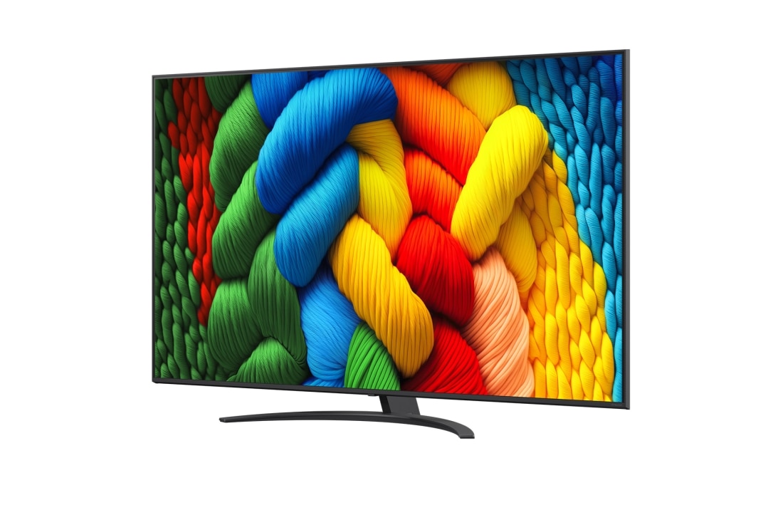 LG Smart TV LG NanoCell AI NANO81 2025 4K 75 pouces, Vue avant et latérale de la Smart TV LG NanoCell NANO80 AI 4K montrant ses dimensions de longueur, largeur, hauteur et profondeur., 75NANO81A6A, thumbnail 4