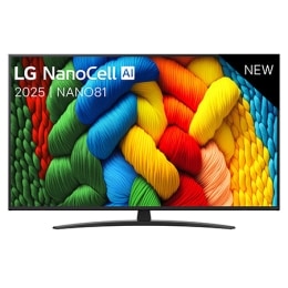 Vue avant de la TV NanoCell, logo LG NanoCell Al dans le coin supérieur. La TV LG NanoCell NANO80 représente des textures colorées semblables à de la peinture, réunies.2