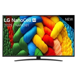 Vue avant de la TV NanoCell, logo LG NanoCell Al dans le coin supérieur. La TV LG NanoCell NANO80 représente des textures colorées semblables à de la peinture, réunies.2