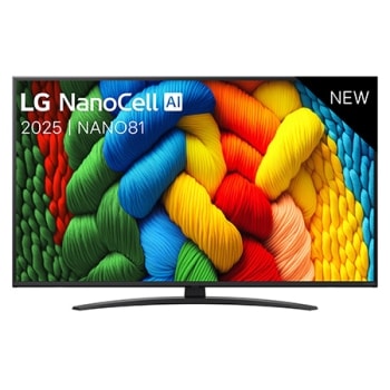 Vue avant de la TV NanoCell, logo LG NanoCell Al dans le coin supérieur. La TV LG NanoCell NANO80 représente des textures colorées semblables à de la peinture, réunies.1