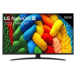 Vue avant de la TV NanoCell, logo LG NanoCell Al dans le coin supérieur. La TV LG NanoCell NANO80 représente des textures colorées semblables à de la peinture, réunies.2