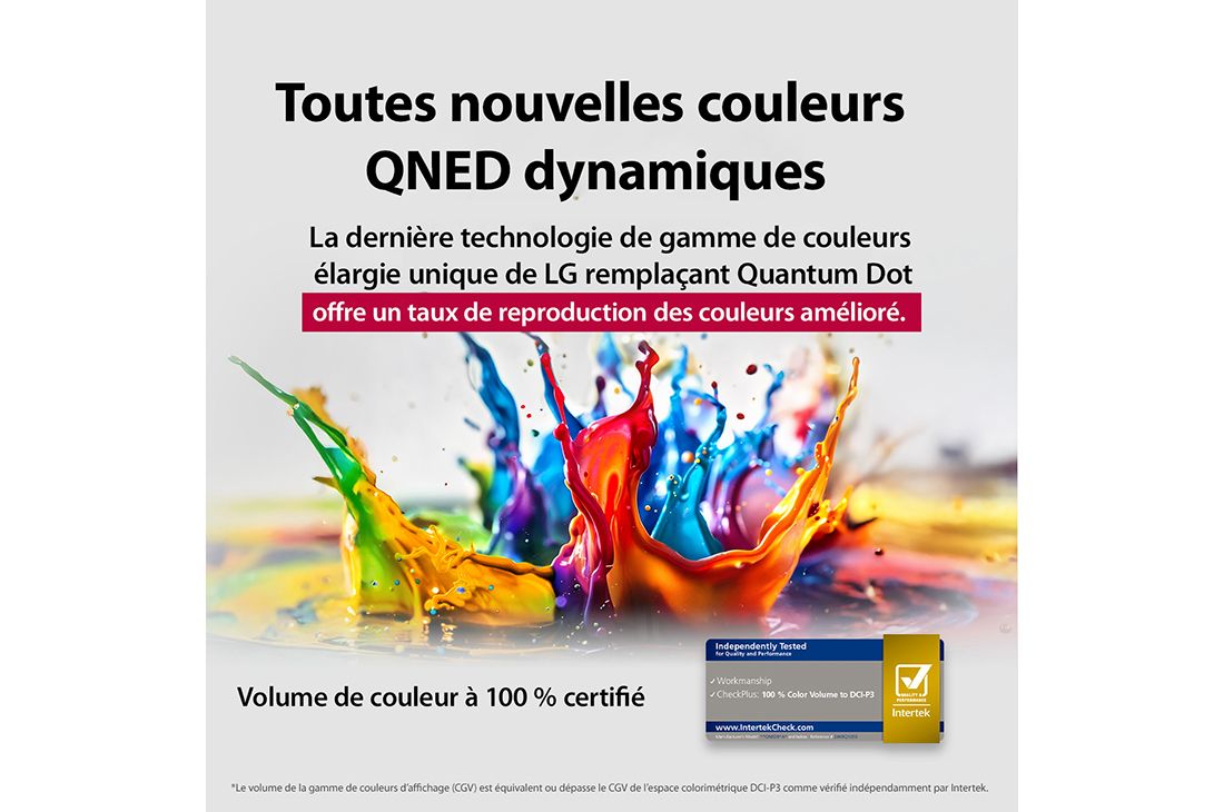 LG Smart TV LG QNED AI QNED84 4K 2025 75 pouces, Des éclaboussures de peinture éclatent en hauteur depuis le sol dans diverses couleurs. Certification Intertrek pour un volume de couleurs à 100 % par rapport au DCI-P3. Le titre parle de la nouvelle , 75QNED84A6C, thumbnail 5