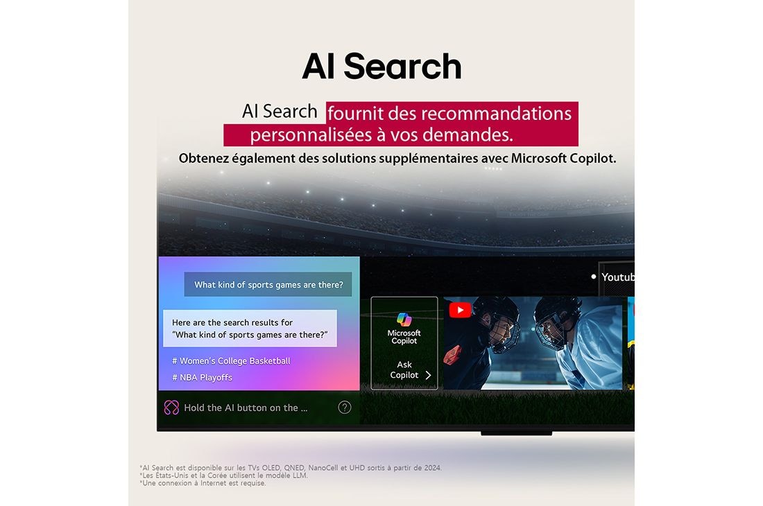 LG Smart TV LG QNED AI QNED84 4K 2025 75 pouces, Gros plan d’un écran de LG OLED TV montrant le fonctionnement de la recherche par IA, AI Search. Une petite fenêtre de chat est ouverte, montrant comment l’utilisateur a demandé les jeux de sport disp, 75QNED84A6C, thumbnail 12