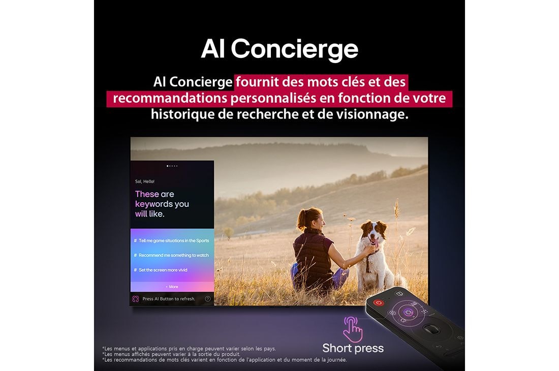 LG Smart TV LG QNED AI QNED84 4K 2025 75 pouces, Télécommande AI Magic Remote de LG en face d’un écran de LG TV. L’écran affiche un message d’accueil personnalisé de LG AI avec des mots clés personnalisés en fonction de l’historique de recherche et , 75QNED84A6C, thumbnail 13