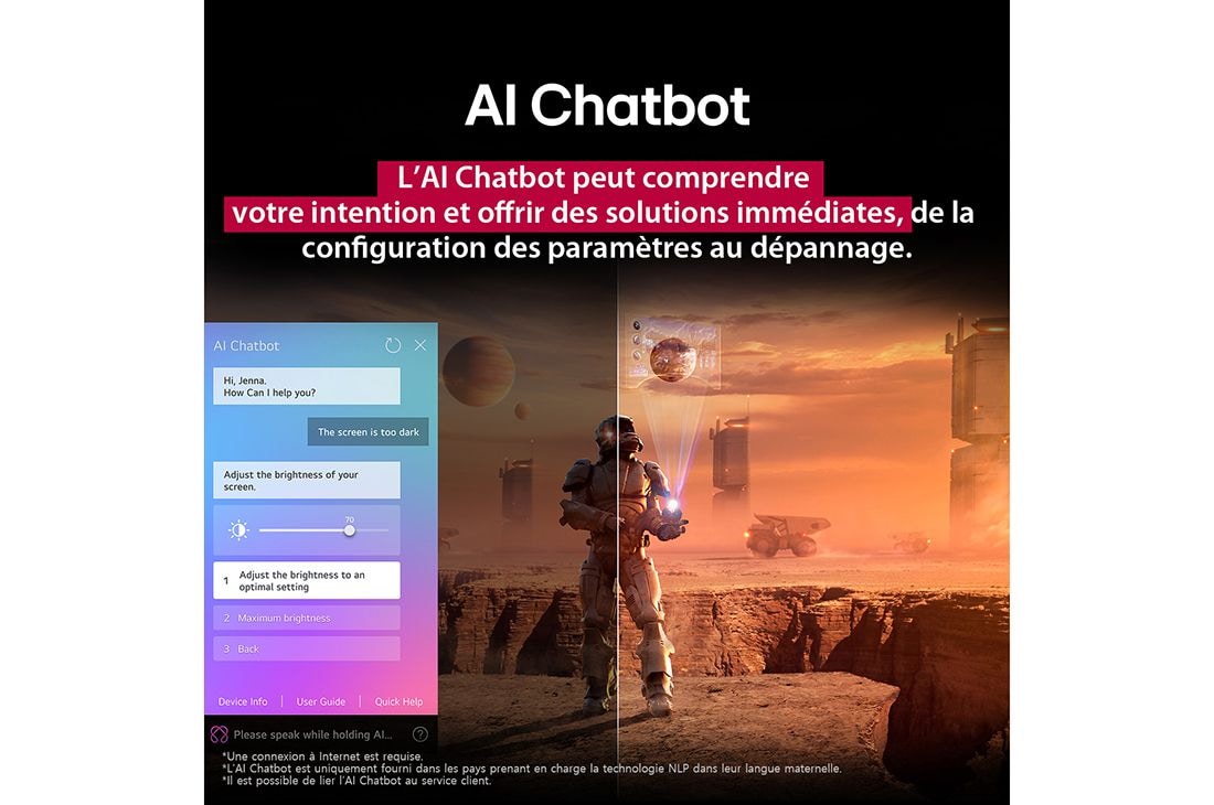 LG Smart TV LG QNED AI QNED84 4K 2025 75 pouces, Du contenu de science-fiction est diffusé sur un écran de LG TV. Sur l’écran se trouve l’interface AI Chatbot. L’utilisateur a envoyé un message au Chatbot indiquant que l’écran est trop sombre. Le Ch, 75QNED84A6C, thumbnail 15
