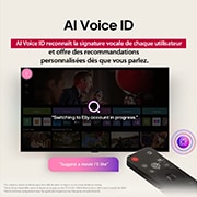 LG Smart TV LG QNED AI QNED84 4K 2025 75 pouces, Écran LG TV avec une télécommande AI Magic Remote au premier plan. Le bouton IA est mis en surbrillance et une bulle de dialogue montre du texte : suggérez un film que j’aime. À l’écran, nous voyons l, 75QNED84A6C, thumbnail 10
