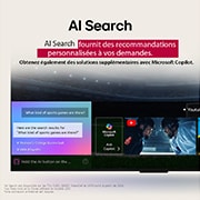 LG Smart TV LG QNED AI QNED84 4K 2025 75 pouces, Gros plan d’un écran de LG OLED TV montrant le fonctionnement de la recherche par IA, AI Search. Une petite fenêtre de chat est ouverte, montrant comment l’utilisateur a demandé les jeux de sport disp, 75QNED84A6C, thumbnail 12