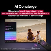 LG Smart TV LG QNED AI QNED84 4K 2025 75 pouces, Télécommande AI Magic Remote de LG en face d’un écran de LG TV. L’écran affiche un message d’accueil personnalisé de LG AI avec des mots clés personnalisés en fonction de l’historique de recherche et , 75QNED84A6C, thumbnail 13