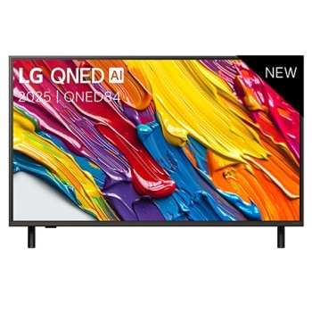 Vue avant de la LG QNED84 TV, logo LG QNED Al, dans le coin supérieur. La LG QNED TV représente des textures colorées semblables à de la peinture, réunies.1