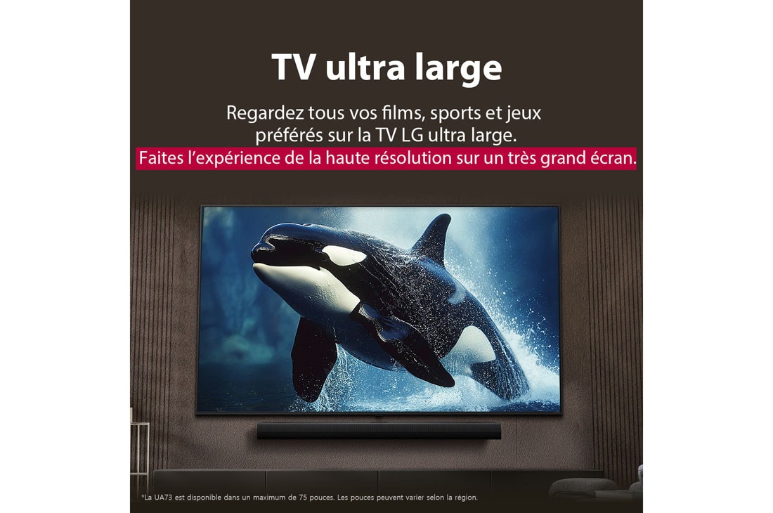 LG Smart TV LG UHD AI UA73 4K de 43 pouces 2025, LG TV avec un écran d’une taille impressionnante fixé sur un mur au-dessus d’une LG Soundbar dans un salon au style moderne., 43UA73006LA, thumbnail 8