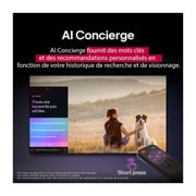 LG Smart TV LG UHD AI UA73 4K de 50 pouces 2025, Télécommande AI Magic Remote de LG en face d’un écran de LG TV. L’écran affiche un message d’accueil personnalisé de LG AI avec des mots clés personnalisés en fonction de l’historique de recherche et , 50UA73006LA, thumbnail 12