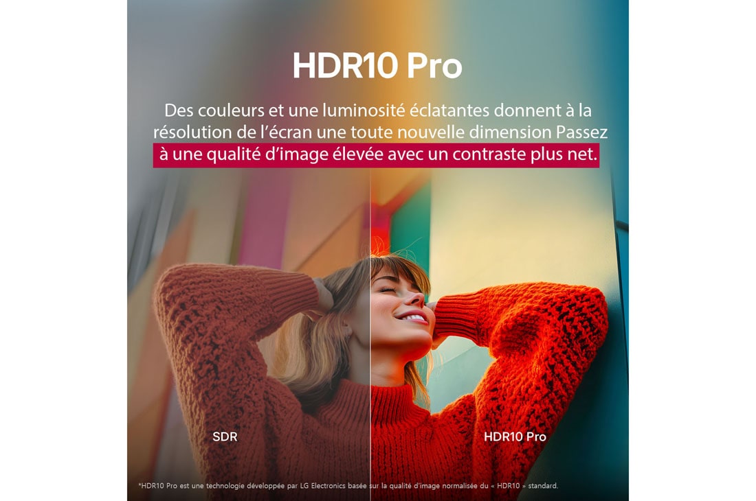 LG Smart TV LG UHD AI UA73 4K de 55 pouces 2025, Une photo d’une fille portant un pull rouge divisée en bas du milieu pour montrer le côté gauche en SDR et le côté droit en HDR10 Pro. Le côté droit de l’image est plus net et contrasté comparé au côt, 55UA73006LA, thumbnail 7