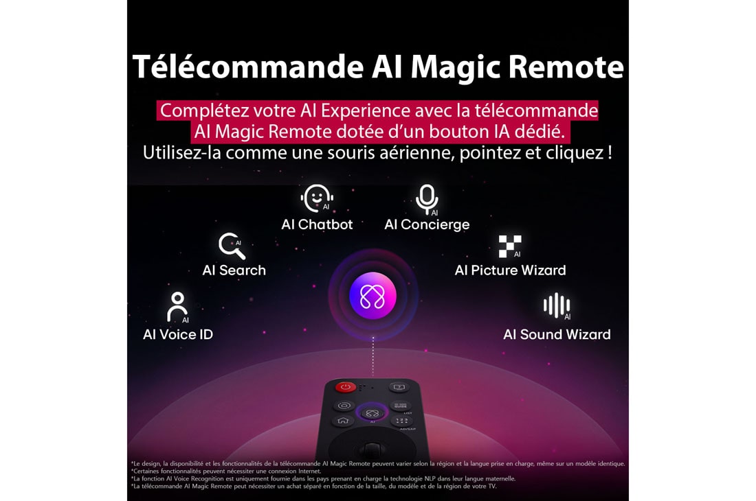 LG Smart TV LG UHD AI UA73 4K de 65 pouces 2025, Télécommande LG AI Magic Remote avec le bouton IA en surbrillance. Autour d’elle se trouvent les différentes fonctionnalités auxquelles un utilisateur peut accéder à partir du bouton. AI Voice ID, AI , 65UA73006LA, thumbnail 10