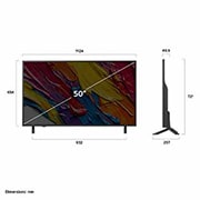 LG Smart TV LG QNED AI QNED84 4K 2025 50 pouces, Vue avant et latérale de la Smart TV LG QNED84 AI 4K montrant ses dimensions de longueur, largeur, hauteur et profondeur., 50QNED84A6C, thumbnail 4