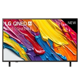 Vue avant de la LG QNED84 TV, logo LG QNED Al, dans le coin supérieur. La LG QNED TV représente des textures colorées semblables à de la peinture, réunies.2