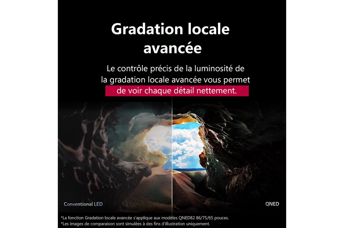 LG Smart TV LG QNED AI QNED84 4K 2025 75 pouces, Vue de l’intérieur d’une grotte avec une vue vers son entrée donnant sur un ciel bleu et l’horizon. L’ensemble de la scène est divisé en deux pour montrer la capacité de la gradation locale avancée de, 75QNED84A6C, thumbnail 8