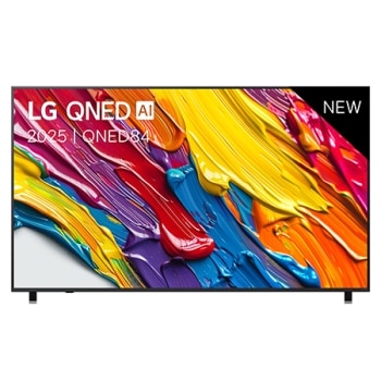 Vue avant de la LG QNED84 TV, logo LG QNED Al, dans le coin supérieur. La LG QNED TV représente des textures colorées semblables à de la peinture, réunies.1