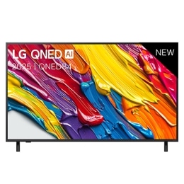Vue avant de la LG QNED84 TV, logo LG QNED Al, dans le coin supérieur. La LG QNED TV représente des textures colorées semblables à de la peinture, réunies.2