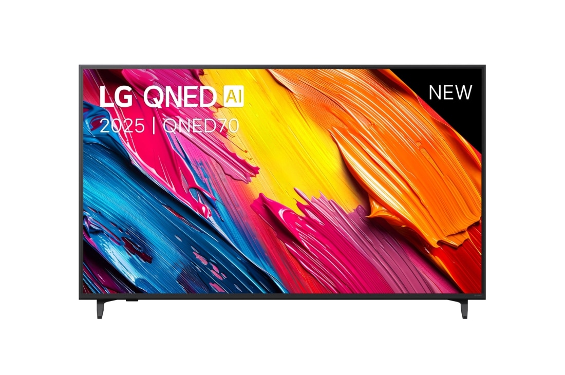 LG Smart TV LG QNED AI QNED70 4K 2025 55 pouces, Vue avant de la LG QNED70 TV, logo LG QNED Al, dans le coin supérieur. La LG QNED TV représente des textures colorées semblables à de la peinture, réunies., 55QNED70A6A