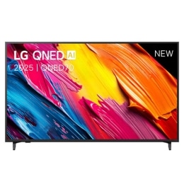 Vue avant de la LG QNED70 TV, logo LG QNED Al, dans le coin supérieur. La LG QNED TV représente des textures colorées semblables à de la peinture, réunies.2