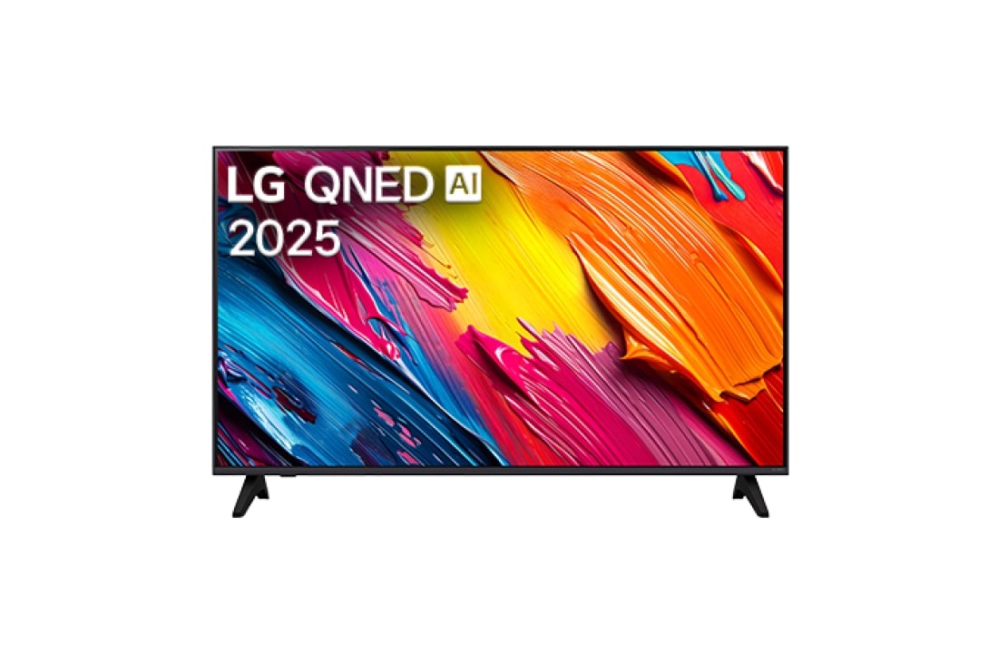 LG Smart TV LG QNED AI QNED70 4K 2025 43 pouces, Vue avant de la LG QNED70 TV, logo LG QNED Al, dans le coin supérieur. La LG QNED TV représente des textures colorées semblables à de la peinture, réunies., 43QNED70A6A