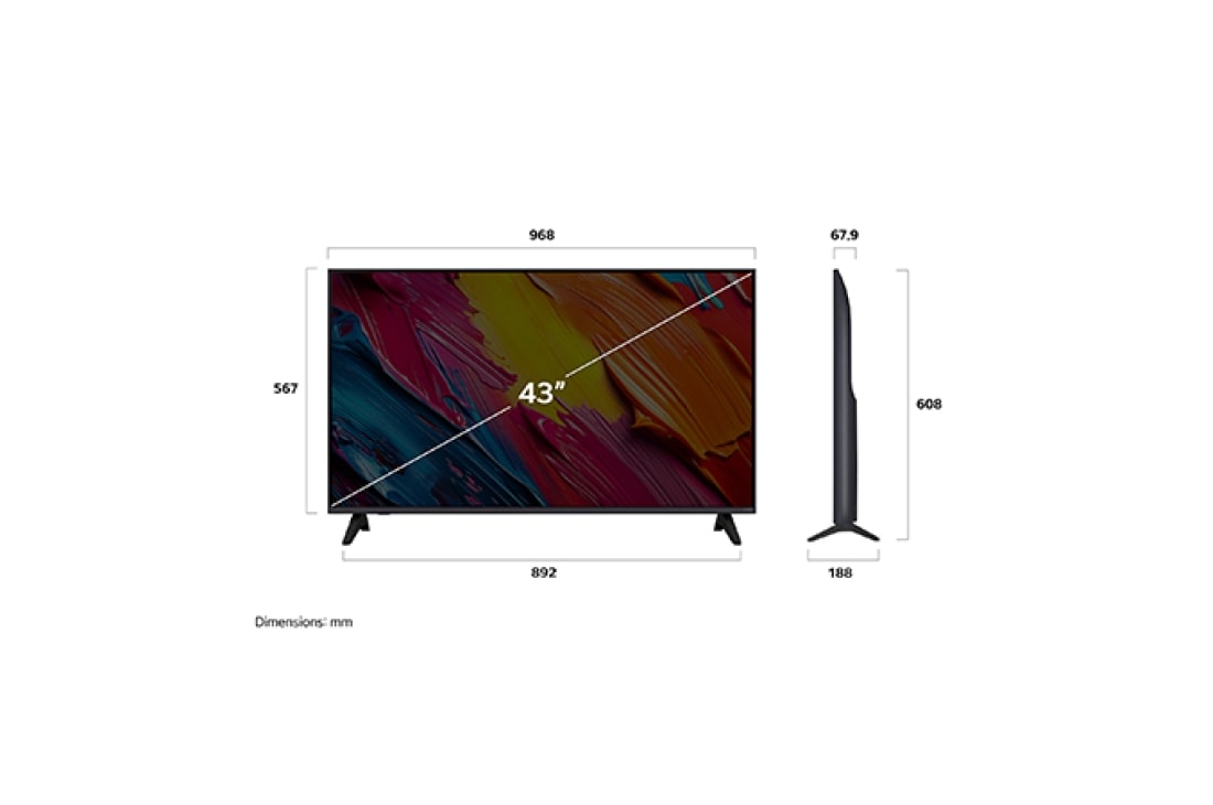 LG Smart TV LG QNED AI QNED70 4K 2025 43 pouces, Vue avant et latérale de la Smart TV LG QNED AI QNED70 4K montrant ses dimensions de longueur, largeur, hauteur et profondeur., 43QNED70A6A, thumbnail 4