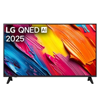 Vue avant de la LG QNED70 TV, logo LG QNED Al, dans le coin supérieur. La LG QNED TV représente des textures colorées semblables à de la peinture, réunies.1