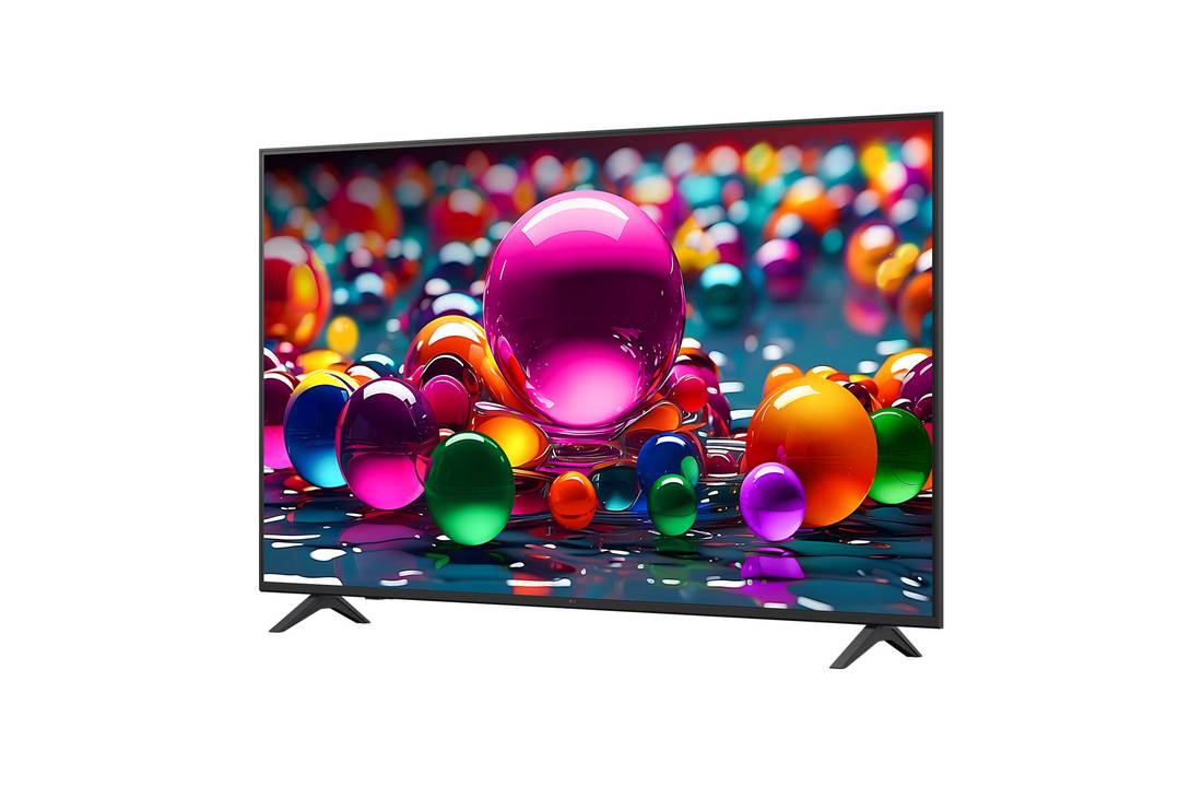 LG Smart TV LG UHD AI UA74 4K 2025 75 pouces, Vue avant et latérale de la Smart TV LG UHD AI UA74 4K montrant ses dimensions de longueur, largeur, hauteur et profondeur., 75UA74006LB, thumbnail 5