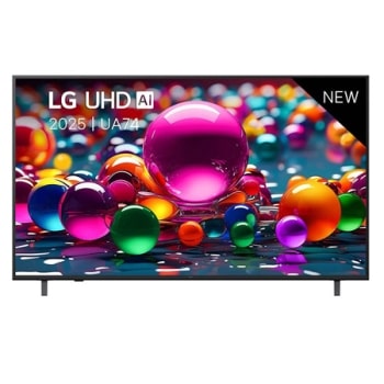 Vue avant d’une TV UHD UA74, logo LG UHD Al dans le coin supérieur. La LG UHD TV représente des textures colorées semblables à de la peinture, réunies.1